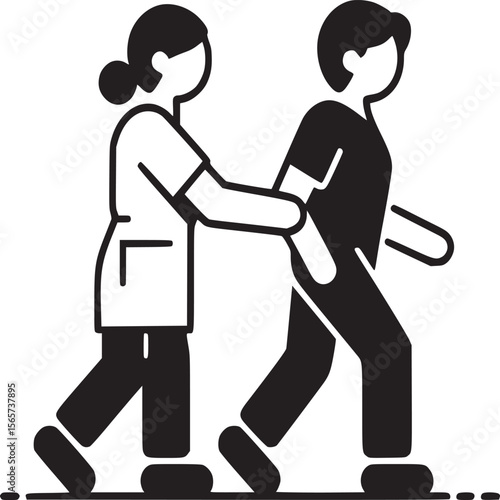 Illustration of a caregiver assisting a person walking with hand on their back in black and white