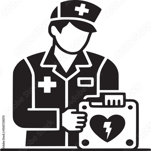 A medical professional holding a defibrillator with a heart and lightning bolt symbol on the device