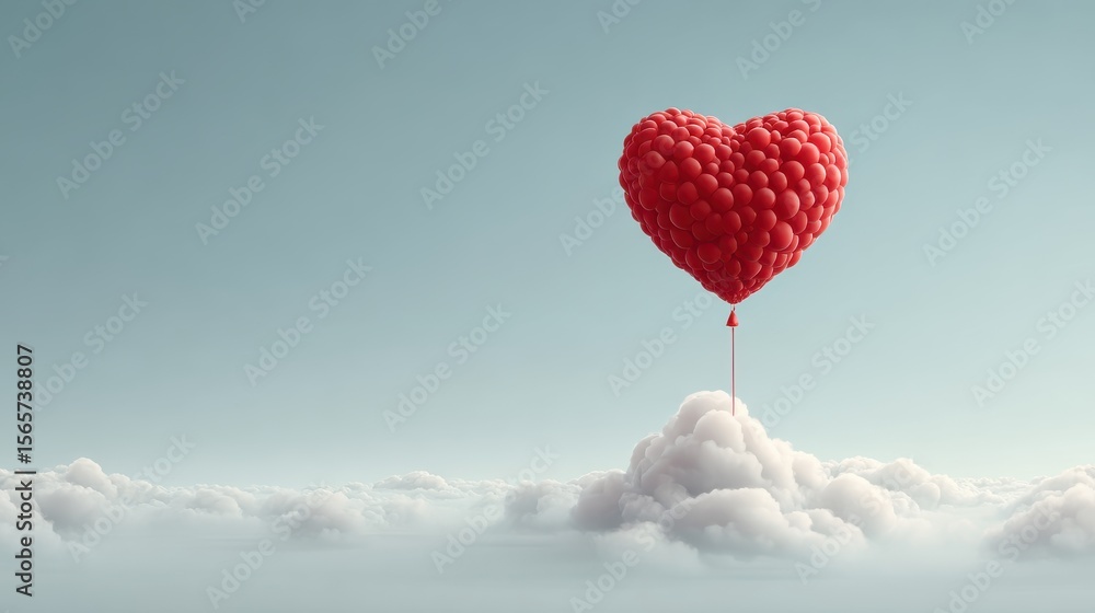 Fototapeta premium Red heart balloon floating in front of soft clouds, whimsical and uplifting concept with copy space