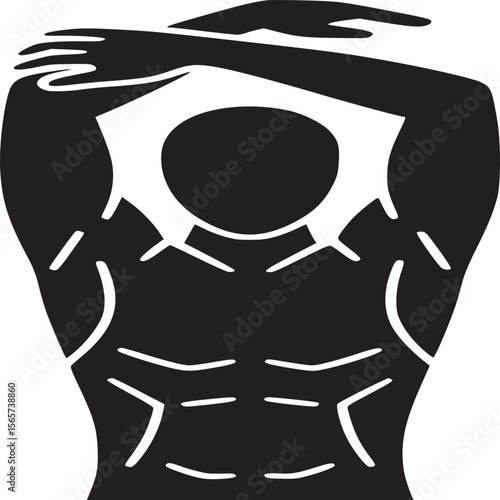 Silhouette of a muscular man stretching his arms above his head against a plain white background
