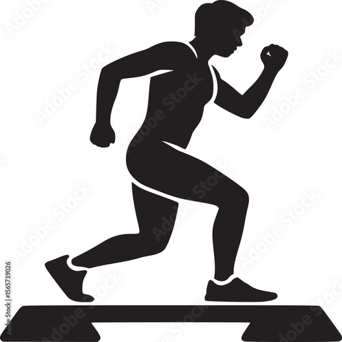 Silhouette of a man doing step aerobics on a black platform against a gray background image art