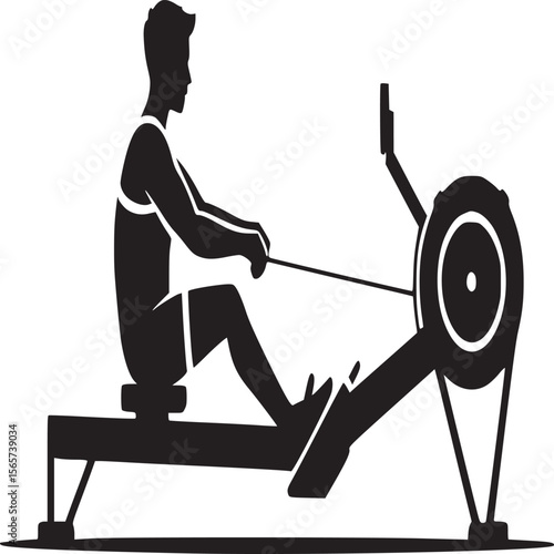 Silhouette of a man using a rowing machine for exercise in a black and white illustration style