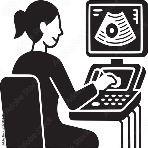 Woman using ultrasound machine with screen displaying echo image in black and white illustration