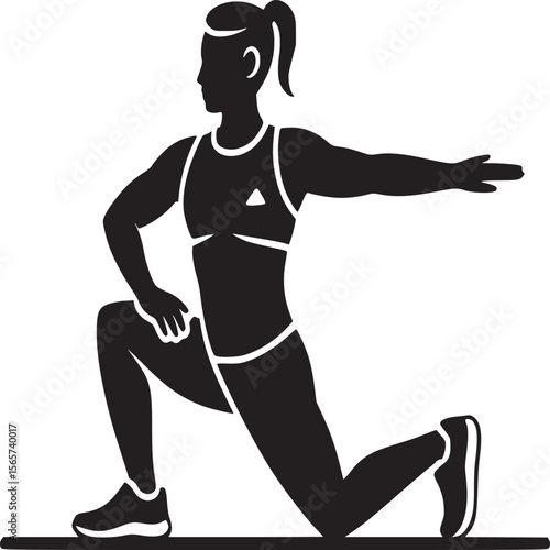 Silhouette of a woman in athletic wear doing a lunge with arm extended on a white background