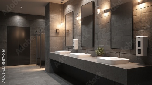 Modern restroom interior mirrors sinks and gray walls in commercial space