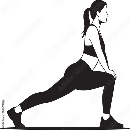 Woman in sportswear performing a lunge stretch exercise on a plain background in black and white art