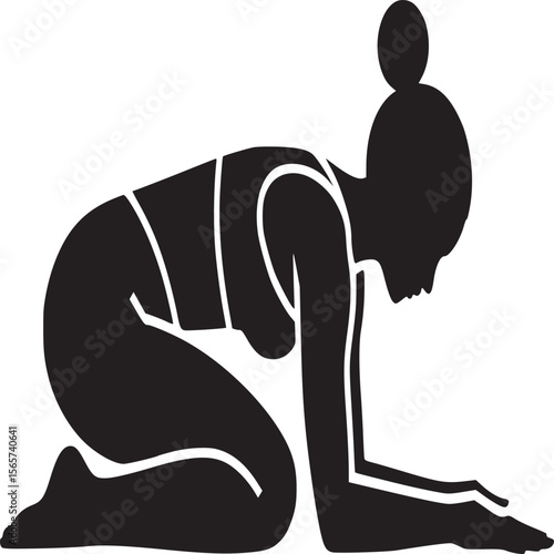 Silhouette of a woman in a yoga pose with her head down and hands outstretched on a white background