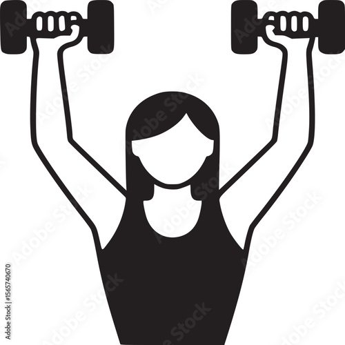 Woman lifting dumbbells in a black and white graphic illustration style on a light gray background
