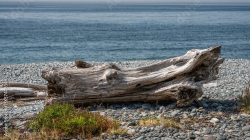 Tranquil Coastal Driftwood and Stones: Relaxing Marine Beach Landscape