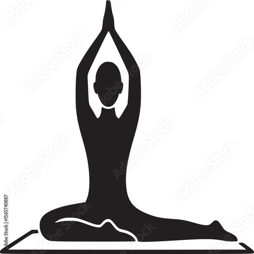 Silhouette of a person in yoga position with hands raised above head on a yoga mat in black and white