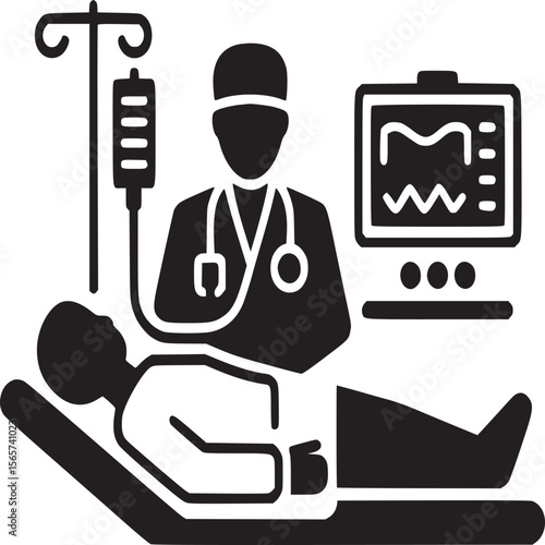 Illustration of patient lying in bed with doctor and medical equipment monitoring vital signs bedside care