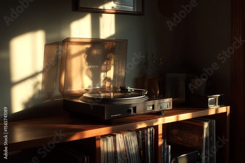 Vinyl record player on wooden shelf with sunlight streaming through window
