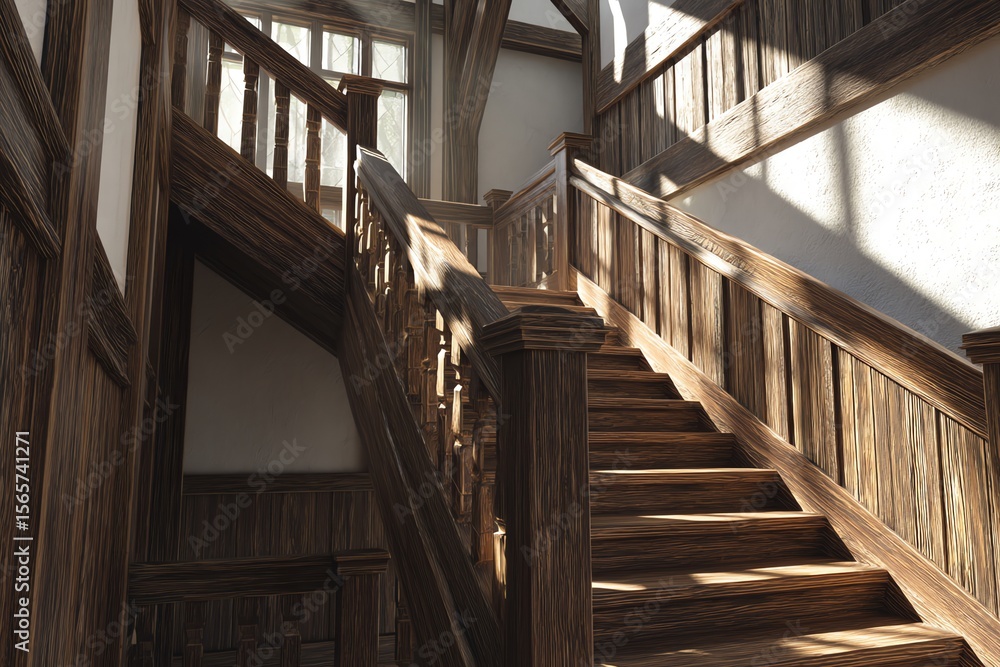 Obraz premium Wooden staircase interior with natural light and detailed craftsmanship