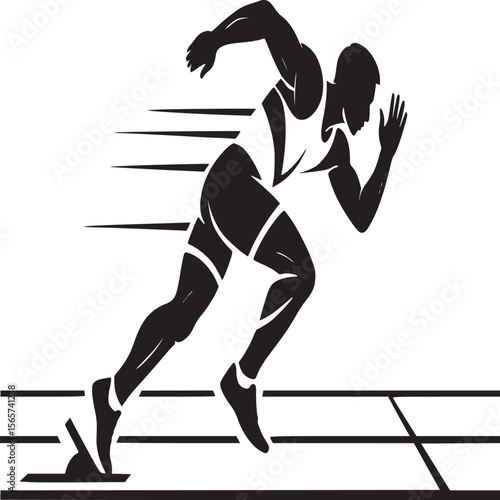 Silhouette of a muscular runner in motion starting a race on a track with speed lines behind him