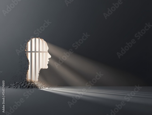 A thought-provoking illustration of a mind breaking free, symbolized by a human head silhouette emerging from prison bars.  Rays of light pierce through, illuminating the path to liberation.