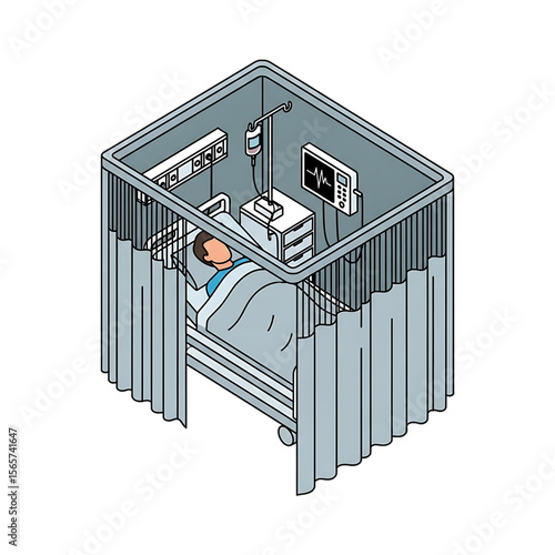 MRI machine room with shielding curtains and control panels.