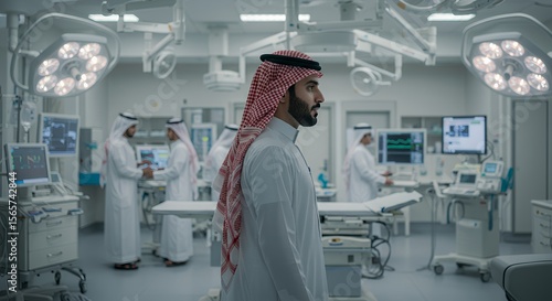 A man in traditional Middle Eastern attire observes a modern hospital operating room, reflecting on healthcare advancements.
