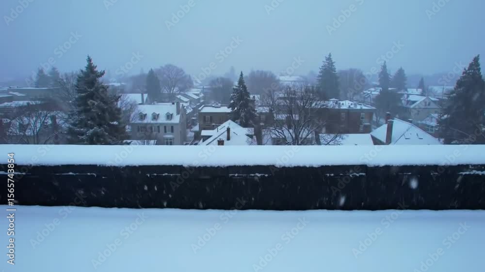 Winter snowfall over a small town, view from a rooftop, serene and peaceful Winter snowfall over a small town, view from a rooftop, serene and peaceful