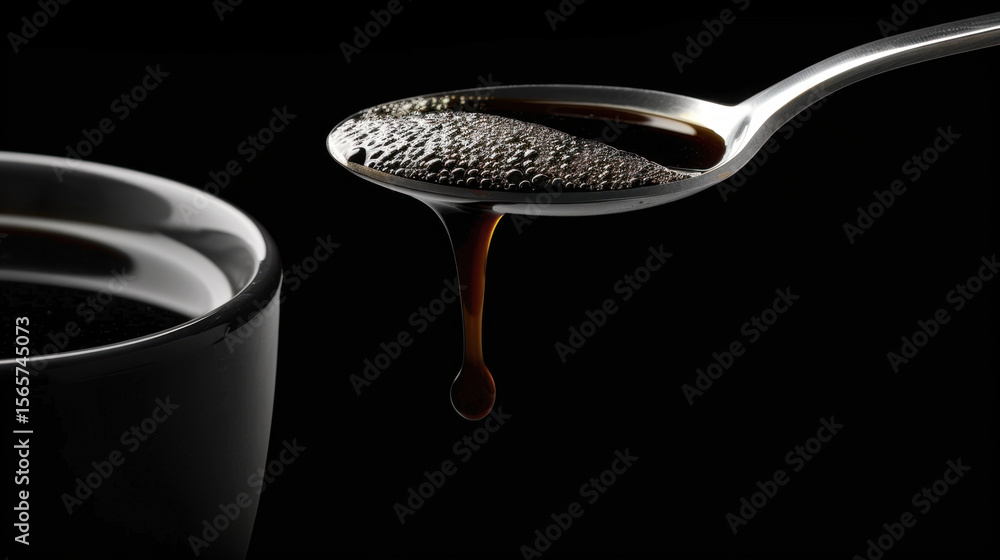 Fototapeta premium High contrast shot of black coffee in cup with stainless steel spoon dripping rich liquid. image evokes sense of warmth and comfort, perfect for coffee lovers