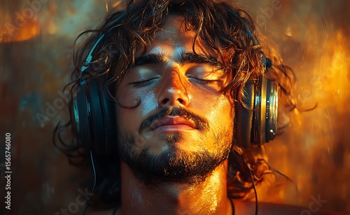 Man Relaxing with Headphones, Listening to Music