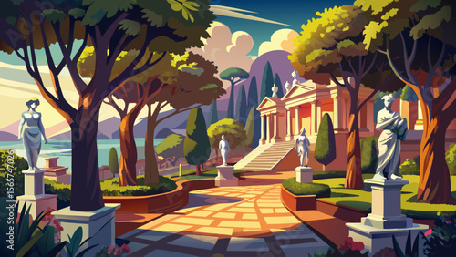 In Villa Borghese in Rome, classical statues stand tall among plane trees, and stone-paved paths shine in the afternoon light.