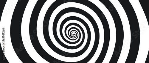 Hypnotic spirals background. Radial optical illusion. Black and white swirl tunnel wallpaper. Horizontal spinning concentric curves. Vortex or whirlpool design for poster, banner, flyer.Vector
