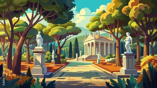 In Villa Borghese in Rome, classical statues stand tall among plane trees, and stone-paved paths shine in the afternoon light.