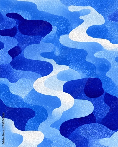 Abstract blue layered waves with soft shadows and fluid curves, flat desk-inspired pattern creating airy negative space for modern minimalist design