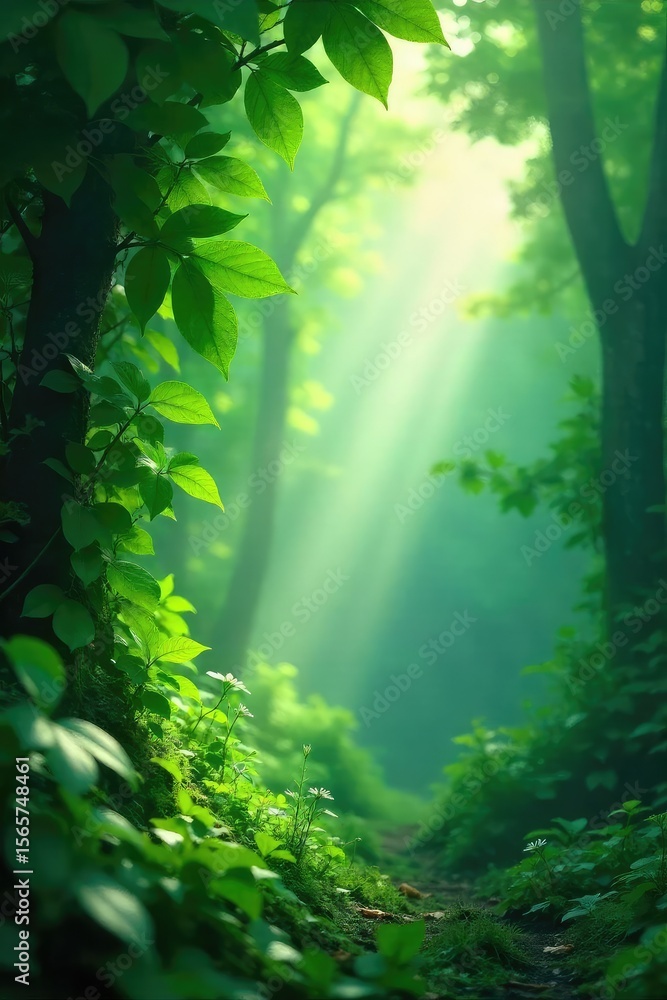 Fototapeta premium Ethereal mist clinging to lush green leaves, sunlight filtering through, creating a mystical and serene atmosphere Perfect for nature, fantasy, and environmental themes , organic, ecology