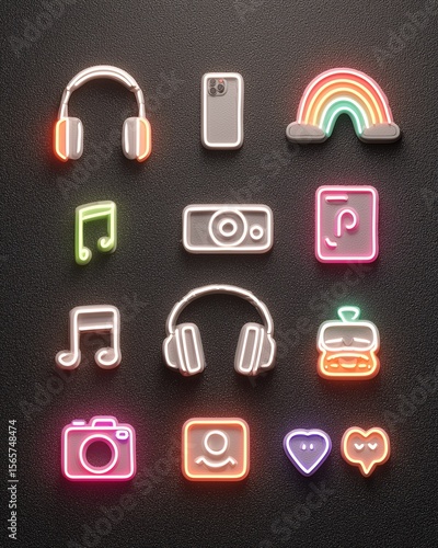 Grainy neon gradient background with floating icons of headphones, rainbow, camera, music notes, social avatars, and digital stickers glowing in vibrant colors