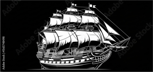 Vintage black and white illustration of a large sailing ship.
