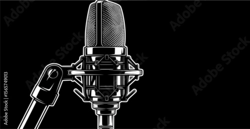 Close-up illustration of a professional studio microphone against a black background.