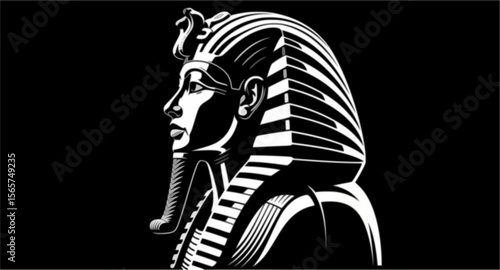 A stylized, high-contrast illustration of an Egyptian pharaoh's head and headdress in profile, against a black background.