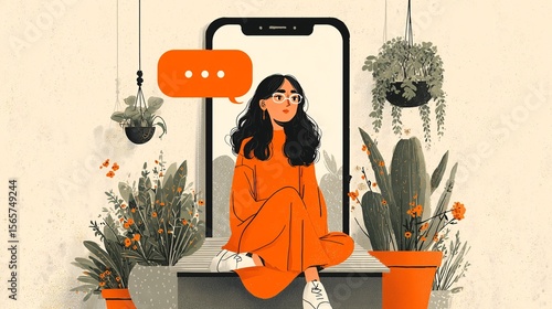 Illustration of a calm AI mental health chatbot session showing a woman sitting inside a smartphone frame with plants and a blank screen for supportive digital conversation