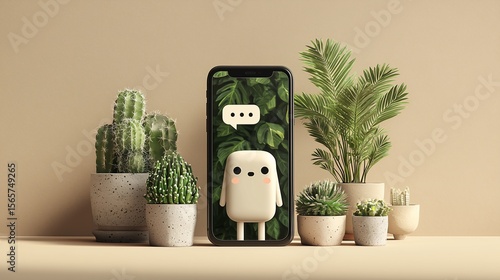 Cute illustration of an AI mental health chatbot on a smartphone screen, surrounded by calming potted plants with a natural minimalist background