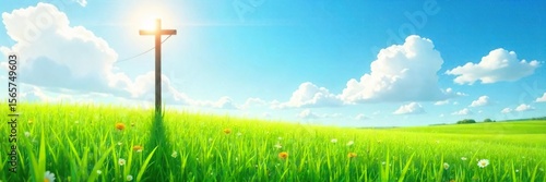Vibrant summer scene featuring a tall, slender pole standing amidst lush green fields under a bright, sunny sky Perfect for themes of summer, nature, freedom, and growth , flora, aspiration, slender
