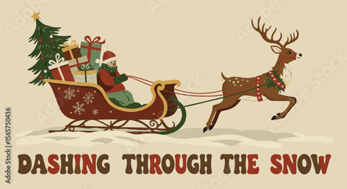 DASHING THROUGH THE SNOW. Vintage Christmas illustration of a reindeer pulling a sleigh with a snowman, tree, and presents.