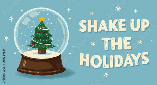 Shake Up The Holidays. Retro style vector illustration of a Christmas tree in a snow globe on a blue background with snowflakes.