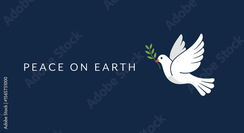 Peace on Earth. White dove of peace flying with an olive branch. Vector illustration for Christmas, hope, and harmony.