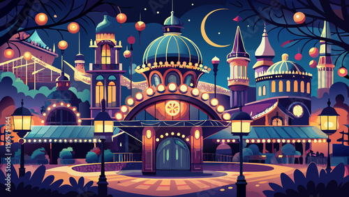 At Tivoli Gardens in Copenhagen, decorative lights and Victorian architecture create a romantic and magical atmosphere at night.