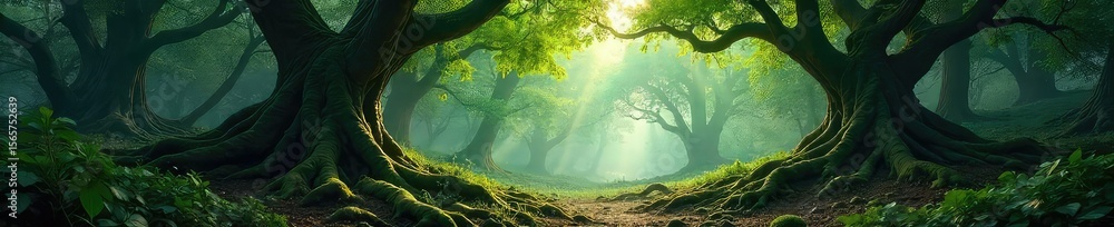 Fototapeta premium Ancient, gnarled heartwood trees form a dense, mystical forest, sunlight dappling the mossy undergrowth Perfect for fantasy, fairytale, or nature themes , branches, quiet