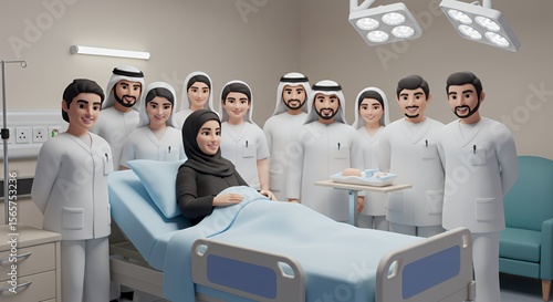 Joyful family and medical team celebrate a new arrival in a brightly lit hospital room.