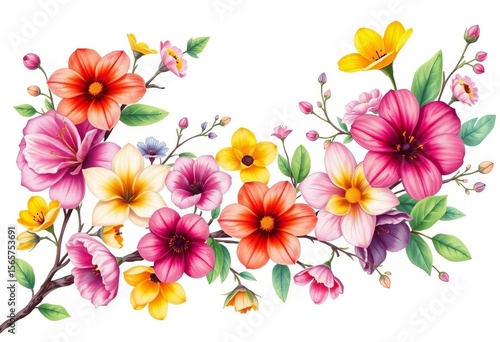 Vibrant spring flowers & branches, hand-drawn, isolated on white Perfect for Easter, Thanksgiving, spring cards,  spring decor,  hand drawn