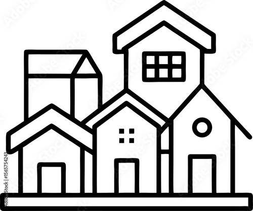 An outline icon neighbourhood with houses with white background.