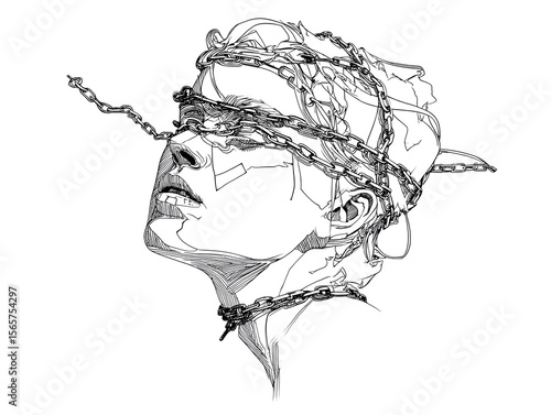 A person's face wrapped in chains, symbolizes captivity, confinement, and limitations. The monochromatic image draws attention to the intricate lines.