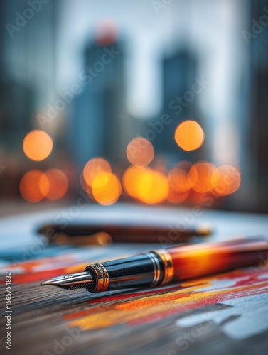 Abstract blurred background with glowing city lights and a fountain pen in sharp focus, combining low-saturation tones with warm highlights for creative depth