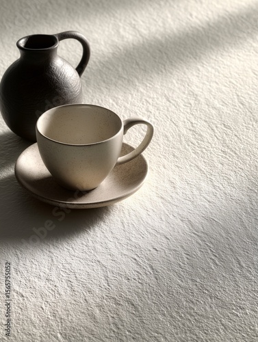 Minimalist matte surface with ceramic cup and jug casting soft shadows, a serene workspace texture that embodies calm focus and clean design aesthetics.