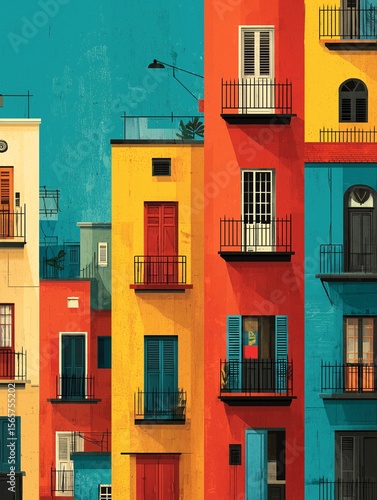 Minimal abstract skyline with colorful warm-toned buildings, open windows, and a sense of reconnection and daily renewal in an urban neighborhood