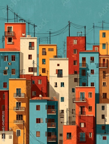 Colorful geometric skyline with stacked apartments, open balconies, and warm abstract tones symbolizing reconnection, community, and daily renewal in a modern urban setting.