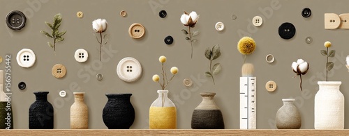 Minimalist background with floating neutral-toned fashion icons including dye vats, measuring tape, natural buttons, and simple vases